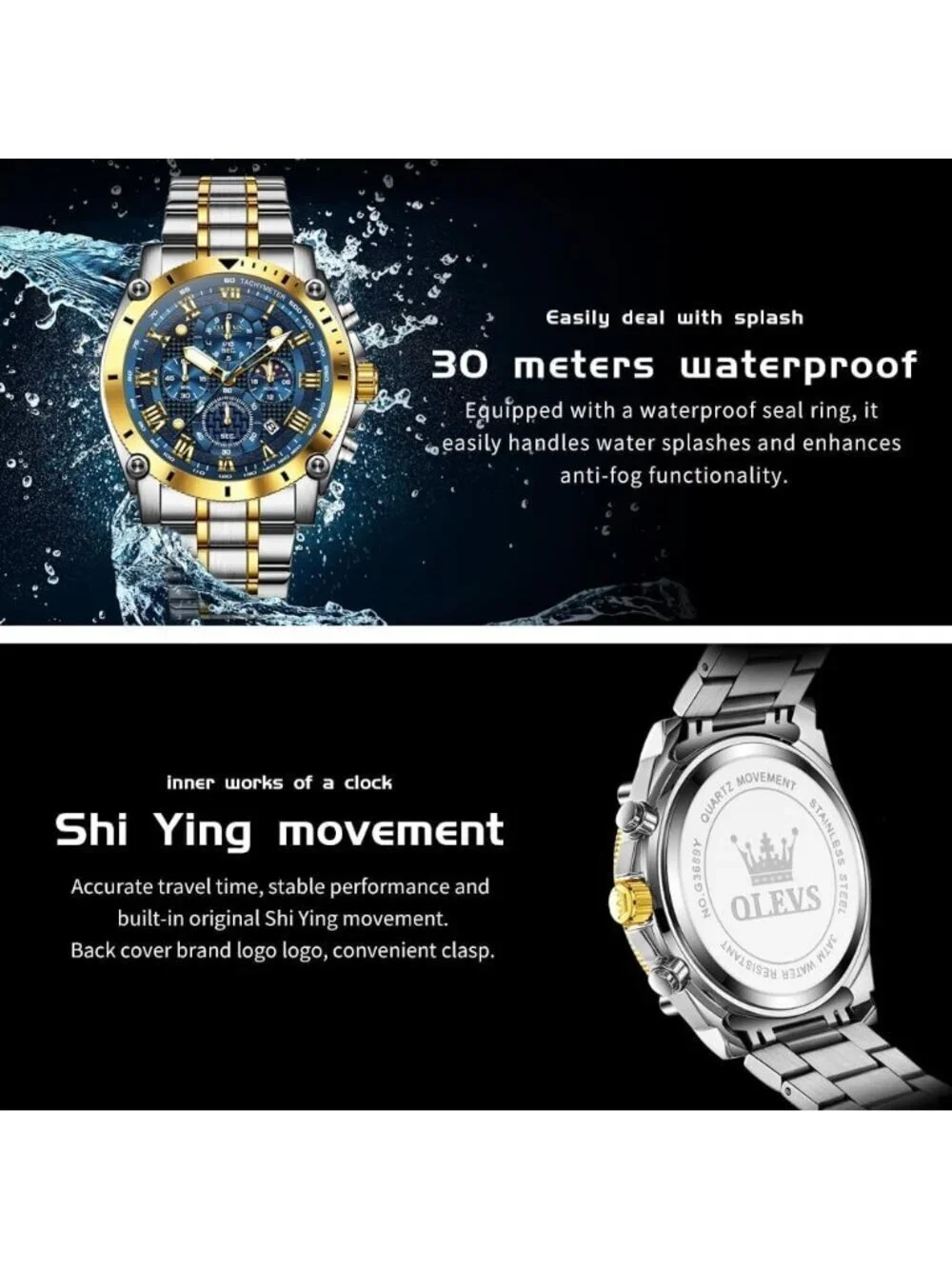 Mens Silver Gold Luxury Blue Face Stylish Moon Phase Stainless Waterproof Watch